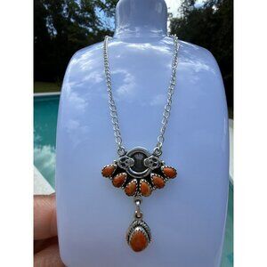 Artisan Skull Orange Mojave Turquoise Statement Pendant Necklace SS Halloween